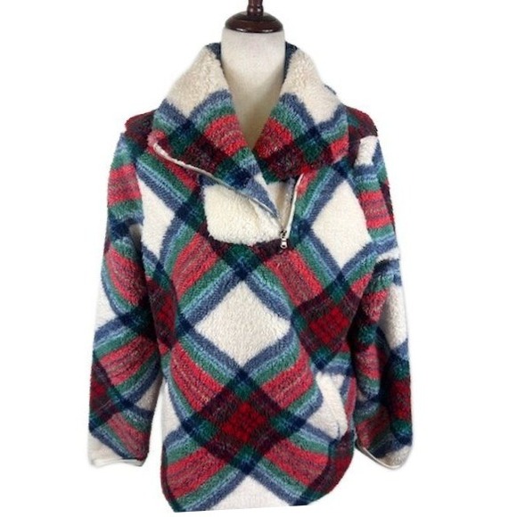 Talbots Women's Plaid Tartan Sherpa Fleece Sweater Top Cozy Holiday Size Large - Picture 1 of 6